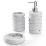 Navaris Decorative Bathroom Accessories Set - 3-Piece Bath Accessory Kit with Toothbrush Holder Liquid Soap Dispenser and Soap Dish Tray Set - White Marble