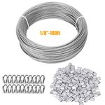 TooTaci 1/8 Wire Rope Kit, 100ft 1/8 Stainless Steel Aircraft Cable PVC Coated, 1/8inch Steel Wire Rope with 50pcs M3 Crimping Loops Sleeves, 20pcs M3 Thimbles, for Hanging, Clothesline, Fence Wire