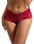 ohmydear Floral Lace French Knickers Plus Size Ladies Pants Full Bikini Briefs Cheeky Underwear for Women Stretchy Hipster Panties Uk 8-24 Red