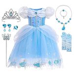 Cinderella Dress Up for Girls with Crown Fairy Wand Necklace Sets,Kids Fancy Dress for Carnival Party Bridesmaid Cosplay