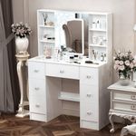 Makeup Vanity Desk with Mirror and Lights, Large Vanity Table with 7 Drawer & 9 Shelves, Big Vanity Desk for Women