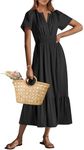 ANRABESS Women's Summer Short Sleeve Maxi Dress 2025 Casual V Neck High Waist A-Line Flowy Loose Tiered Boho Long Dresses Black Large