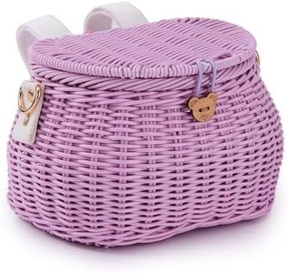 SVNR Kids Bike Basket, Bike Basket Front, Bicycle Baskets for Boys and Girls, Handwoven Backpack with Lid Shoulder Strap, Rattan Front Handlebar Baskets, Purple