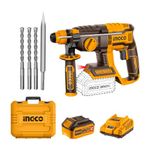 Ingco Cordless Hammer Drill Machine With Larger Battery And Charger, With Drill Bits And Chisel, Demolition Hammer, Sds Plus Chuck, Multicolor