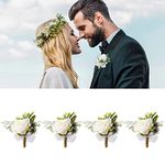 LQKYWNA 4 Pcs Buttonhole Corsage, Rose Wedding Boutonniere, White Handmade Corsage Boutonniere Flowers Mens Button Holes with Clip for Groom Men Bridal Women Suit Dress