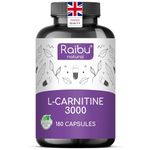 L-Carnitine 3000-180 High-Strength Capsules with Vitamin C - L-Carnitine Tartrate 3000mg per Daily Dose - Energy & Metabolism Support - Vegan, Natural & Laboratory Tested - Raibu