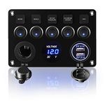 KAOLALI IP65 Waterproof 12V/24V Switch Panel, Toggle Switch Panel, Dual USB Charger Port 4.2A, Lighter Socket, Digital Voltmeter Display, Car Rocker Switches for Car Boat RV Truck Campervan(Blue)