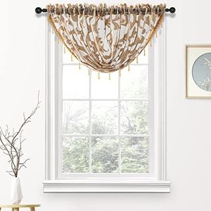 NAPEARL European Style Jacquard Sheer Curtain Organza Fabric Beaded Valance Window Treatment Decoration (1 Valance 57Wx37L Beige)