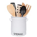 Karisky Kitchen Utensil Holder for Countertop, 6.2" Large Ceramic Utensil Crock with Cork Mat, Handles, Modern Cooking Tool Spatula Organizer for Kitchen Counter Decor, Matte White