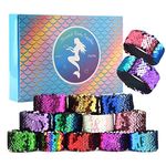 KUUQA 16 Pcs Magic Sequins The Mermaid Bracelets 2-Color Sequin Reversible Glitter Slap Bracelets Charms Wristband for Kids Little Mermaid Birthday Party Favors Bags Supplies (Random Colors)