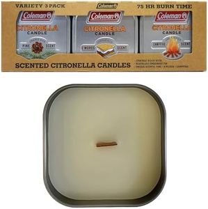 Coleman Scented Tin Citronella Candle, Includes S'Mores, Pine, and Campfire Scents, Crackle Wood Wicks for Outdoor Ambiance, Up to 25 Hours Burn Time, 3 Pack