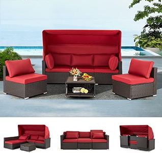 Vicluke 6 Pieces Patio Conversation Sets, Rectangle Wicker Daybed with Canopy, Adjustable Backrest, Storable Tea Table, Outdoor Sunbed for Backyard Garden Poolside(Wine Red)