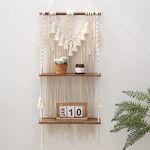 ANROYE 2 Tier Macrame Boho Wall Hanging Shelf, Handmade Bohemian Wooden Woven Plant Floating Shelves Decor, Decorative Chic Organizer for Bathroom Women Bedroom Girl Nursery Storage