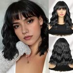 Creamily Short Full head Hair Wig for women, Ladies Wigs Natural Hair Full head, Curly Hair Wig Short length Black with bangs for Chemo women Full head Daily use (Black, 14 inches)