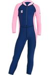 Girls Color Block One Piece Swimsuit Kids Long Sleeve Rash Guard Sunsuit Zipper Swimwear Diving Wetsuit Mock Neck Full Jumpsuit Surfing Beachwear Bathing Suit with UPF 50+ Sun Protection Navy Blue 6-7