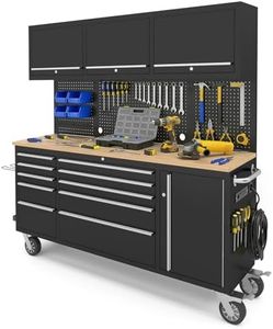 MUWOOD 72" Rolling Tool Chest, Heavy-Duty Tool Box with Power Outlet, Tool Cabinet with Upper Cabinet, Rubber Wood Workbench with Key Locking System Drawer Liners for Garage Warehouse Repair Shop