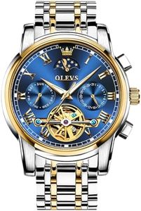 OLEVS Blue Automatic Mens Watches Silver Luxury Skeleton Watches for Men Tourbillon No Battery Waterproof Men's Wrist Watch Self Winding Stainless Steel Watch Luminous Moon Phase Relojes para Hombres