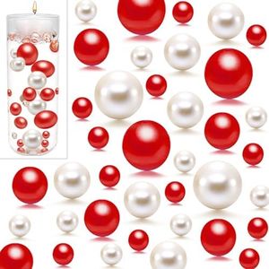 UDU 150 Pieces Floating Beads No Hole Pearl Vase Filler Faux Pearls Vase Makeup Beads Mixed Sizes Round Pearls for Vase Home Party Wedding Decor, 8/14/20 mm (White,Red)