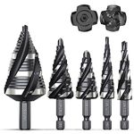 THINKWORK Four Spiral Flute Step Drill Bit Set, 5 Pcs HSS Step Drill Bits (1/8"-1-3/8") Unibit Step Drill Bit, 1/4" and 3/8" Shank Step Bits for Aluminum, Wood, Plastic, Metal