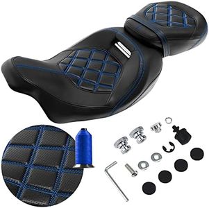 FOVPLUE Two-up Seat, Low-Profile Driver Passenger Pillion Seat for Harley Touring CVO Road Glide Road King Street Glide Electra Glide Ultra Limited FLHTKSE FLHTCUSE5 2009-2024, Double Blue Stitching