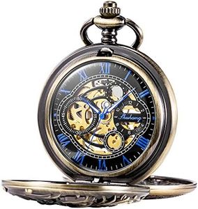 TREEWETO Antique Brone Dragon Mechanical Skeleton Pocket Watch with Chain