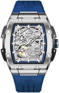 OLEVS Automatic Watches for Men Self Winding Luxury Skeleton Mechanical Business Dress Big Face Men's Wrist Watches Calendar Square Mens Blue Watch
