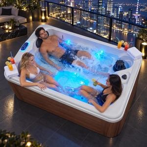 3 Person Outdoor Hot Tub, Acrylic Hard Shell Bathtub with 16 Hydro Jets, 2 Speakers, LED Lights, Dual Speed Pump, Ozonator & Cover, 3500W Fast Heating Above Ground Spa Machine (1 Lounger 2 Seats)
