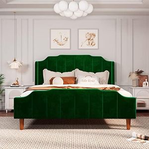 Allewie Queen Size Velvet Bed Frame with Modern Curved Upholstered Headboard and Footboard, Upholstered Platform Bed with Strong Wood Slats Support, No Box Spring Needed, Easy Assembly, Green