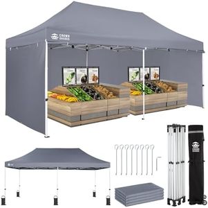 CROWN SHADES 10x20 Pop Up Canopy Tent, Thicken Frame Commercial Heavy Duty Tent, Silver-Coated with 4 Sidewalls 8 Stakes & 4 Sandbags & 4 Ropes, Outdoor Canopies for Events, Parties, Gray