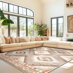 BESTSWEETIE Area Rug 8x10 Area Rugs, Machine Washable Rug, Non Slip Floor Carpet Rug, Low Pile Print Water Repellent, Ultra Soft Moroccan Rugs for Living Room Bedroom Indoor-Cream/Camel