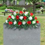 LVXINLI Artificial Cemetery Flower-Outdoor Grave Saddle Headstone Decorations,Red and White Rose Memorial Day Flowers for gravesite (Red and White)…