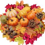 120Pcs Artificial Pumpkins Autumn Decorations Set,Autumn Home Decor Artificial Fall Maple Leaves,Pine Cones,Gourds,Pumpkin,Small Acorns for Thanksgiving Halloween Fall Home Harvest Table Decorations