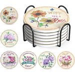 Newthinking Drinks Coasters Set of 6, Round Absorbent Ceramic Coasters with Non-Slip Cork Backing for Home Office, Include Coaster Holder (Flower)