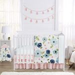 Sweet Jojo Designs Navy Blue and Pink Watercolor Floral Baby Girl Nursery Crib Bedding Set Without Bumper - 4 Pieces - Blush, Green and White Shabby Chic Rose Flower Polka Dot