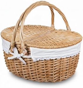 Wicker Picnic Basket with Lid and Handle Sturdy Woven Body with Washable Lining for Easter,Mother's Day,Outdoor Camping,Not Dyed