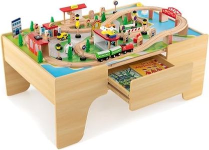 Costzon Train Table, 3-in-1 Wooden Train Set Table with Reversible 84 PCS Track Train Toys, Table Map & Storage Drawer for Building, Playing, Studying, Eating, Kids Activity Table for Toddlers Aged 3+