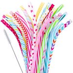 JANYUN 30 Pieces Reusable Bent Plastic Straws,BPA-Free,9" Colorful Printing Hard Platic Stripe Drinking Straw for Mason Jar Tumbler,Family or Party Use,Cleaning Brush Included(Random Pattern)