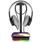 KAFRI RGB Headphone Stand with Wireless Charger Desk Gaming Headset Holder Hanger Rack with 10W/7.5W Charging Wireless Pad and USB Port - Suitable for Gamer Desktop Table Game Earphone Accessories