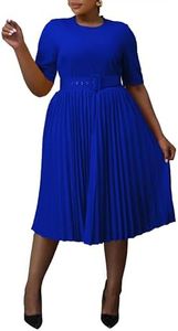 VERWIN Abito taglie forti abito a maniche corte da donna con scollo rotondo abiti a trapezio da donna abito midi con cintura abito plissettato, Blu, 4XL (plus)