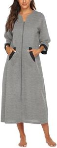 Ekouaer Women Zipper Robe 3/4 Sleeves Loungewear Dress Full Length Sleepwear Pockets Housecoat Nightgown Long Bathrobe, Style 1-grey, Large