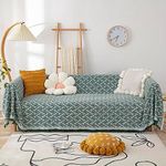 STACYPIK Thick Woven Jacquard Green Sofa Covers for 2 Cushion Couch Geometrical Knitted Couch Cover Loveseat Futon Cover for Dogs Cats Furniture Protector Sofa Silpcover Pet Protector Cover-71X118IN