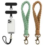 2 Pack Boho Phone Wrist Strap Handmade Macrame Mobile Phone Lanyard with 2 Pcs Phone Tether Tab, Anti Theft Lanyard for Phone Compatible with Most Smartphones for Women Men (1 Green, 1 Brown)