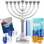 Complete Hanukkah Menorah Kit Traditional Grace Menorah - Satin Silver, 44 Hanukkah Candles, 4 Dreidels, Chanukah Guide, Sack of Chocolate Gelt - Complete Hanukkah Bundle by Zion Judaica