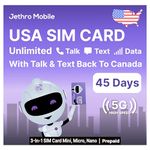 USA SIM Card, Unlimited Call/Text/Data (Uses T-Mobile) 5G/4G LTE High-Speed Coverage, Quick Activation, Unlimited Calling to Canada, Jethro Mobile Prepaid US SIM Card for Canadian Traveler (45 Days)