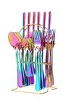 GRACIOUS MART 24-Piece Silverware Set Cutlery Set with Holder Premium Stainless Steel Flatware Set,Home Kitchen Restaurant Utensils, Mirror Polished,Dishwasher Safe (Rainbow)