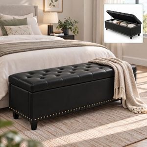Tbfit Long Ottoman with Storage, 50.8" Faux Leather End of Bed Bench with Safety Hinge&Rivets, Entryway Benches Large Storage Ottoman Bench for Bedroom, Living Room, Holds up to 660 lb(Black)