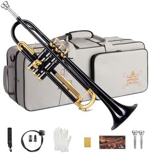 STRICH Bb Standard Trumpet Set for Beginners, Brass Student Trumpet Instrument with Hard Case, Cleaning Kit, 7C & 3C Mouthpieces, Gloves, STR-1B, Black