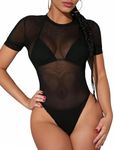 Avidlove Sexy Sheer Mesh Bodysuit for Women Black Short Sleeve Body Suit Snap Crotch Leotard(Medium)