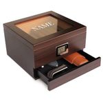 Monogrammed Glass Top Handcrafted Cedar Humidor with Front Digital Hygrometer, Humidifier Solution, and Accessory Drawer by Case Elegance