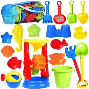 FUN LITTLE TOYS 19 Piece Sand Beach Toys Set Toddler Sandbox Sand Toys for Kids Ages 3-12, Includes Water Wheel, Beach Tool Kit, Bucket, Watering Can, Molds & Mesh Bag for Travel, Snow Toys